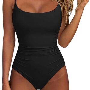 Black One-Piece Swimsuit Lace Up Back With Side Rouching Small removable pads
